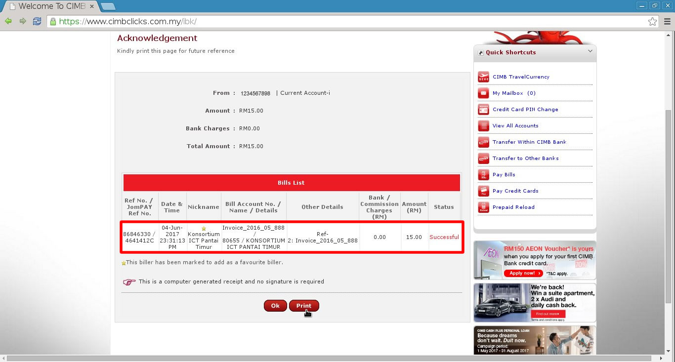 Step 5 : Print or save the payment receipt as the reference, and you are done. You may optionally send a copy of that receipt to <a href='mailto:billing@k-ict.org' target='2FAwindow'>billing@k-ict.org</a>