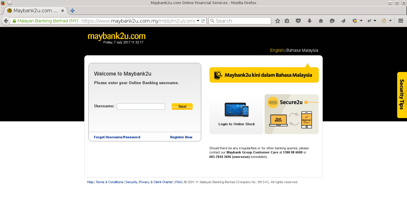 Step 1 : Login to your Maybank2u account. Make sure the green pad lock is displayed in the address bar.