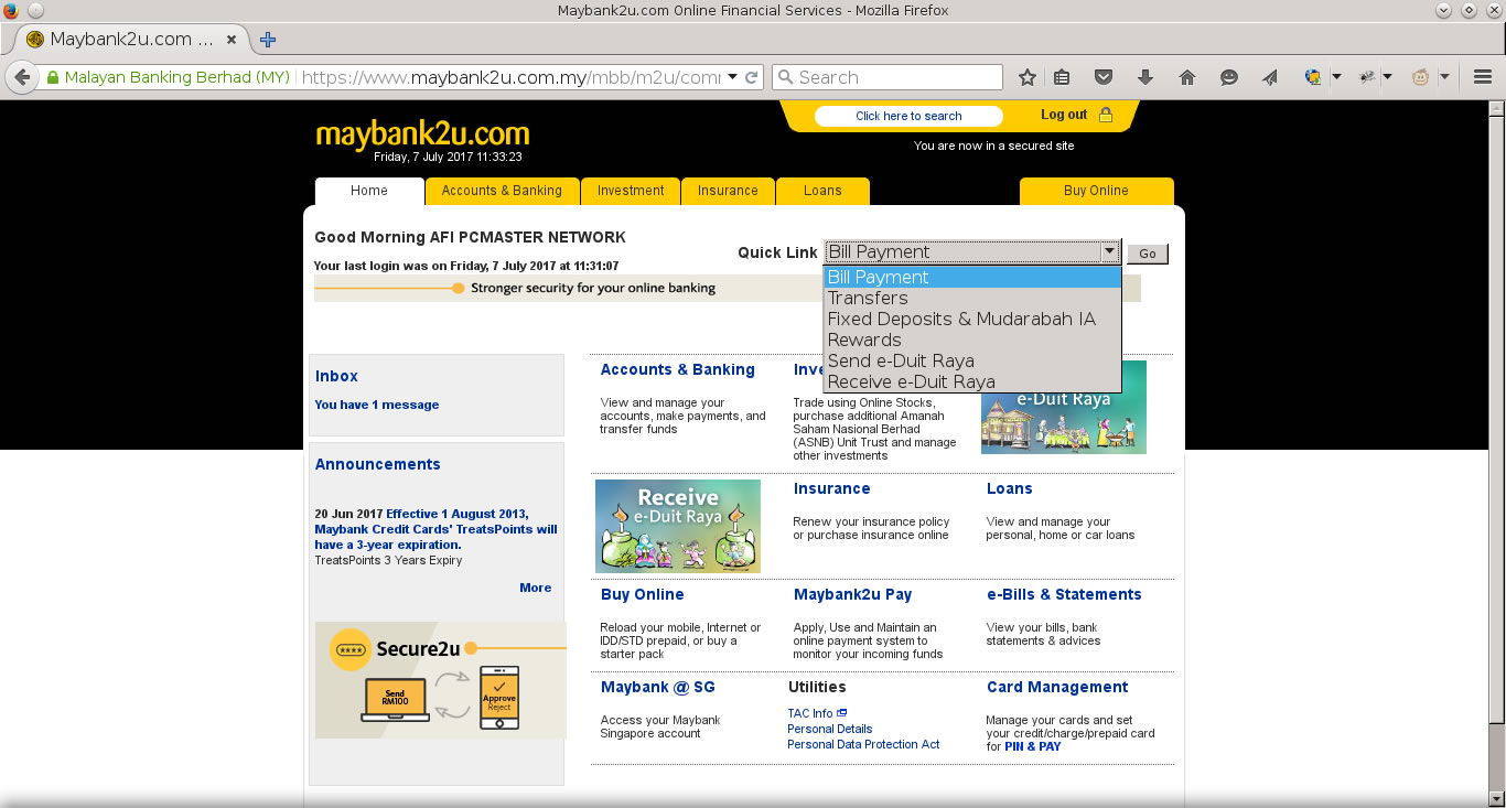 Step 2 : Find the 'Bill Payment' from the Quick Link options in your Maybank2u account.