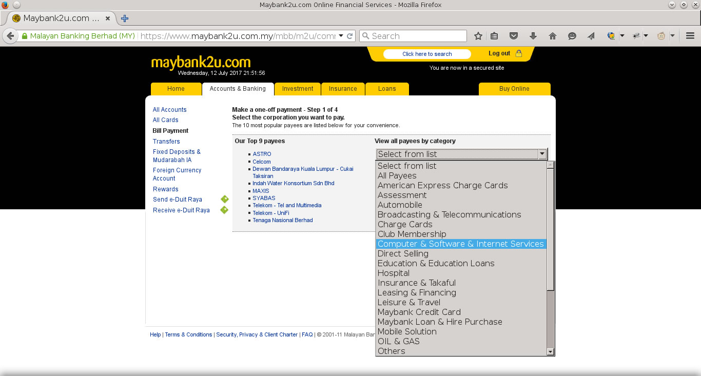 Step 4 : Select 'Computer & Software & Internet Services' from the 'View all payees by category'.