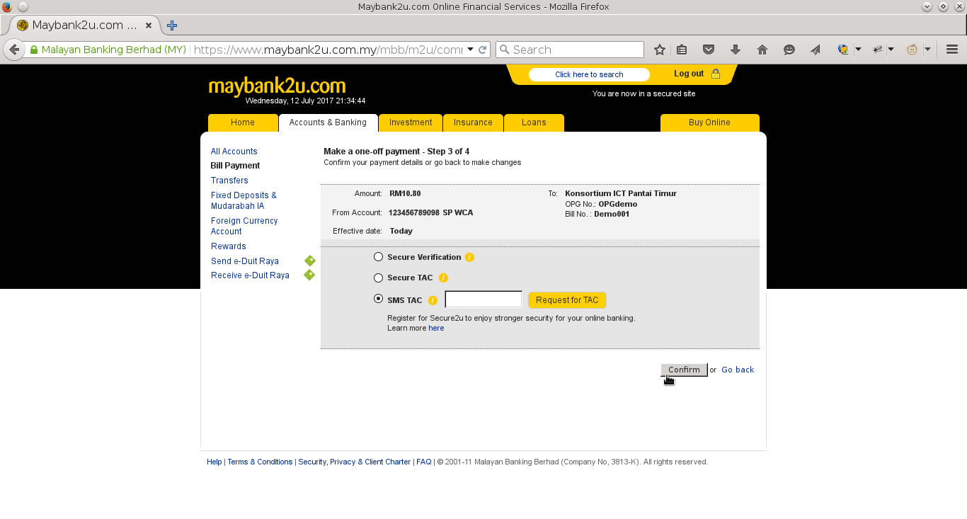 Step 7 : Request for the 2FA (most users are familiar with TAC) from Maybank and confirm the code.