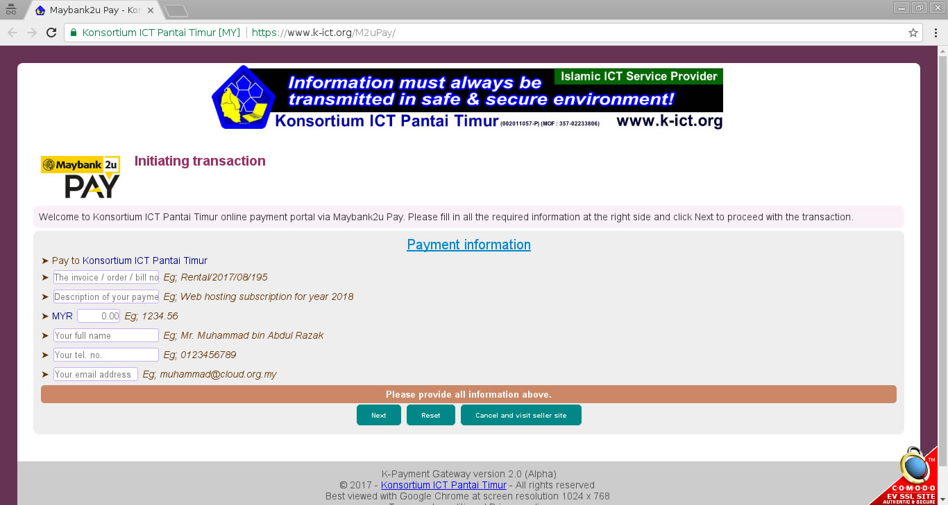 Step 1 : Visit <a href='https://www.k-ict.org/M2uPay/' target='M2uPayNewWindow'>https://www.k-ict.org/M2uPay/</a> , provide all information, and click on the Next button.