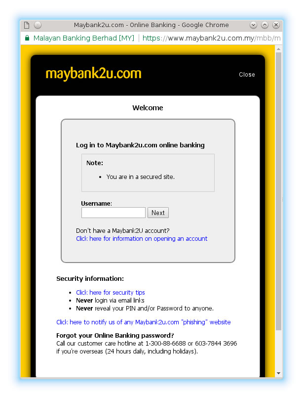 Step 2 : Log in to your Maybank2u account. Make sure that the green pad lock with 'Malayan Banking Berhad [MY]' is displayed in the address bar.