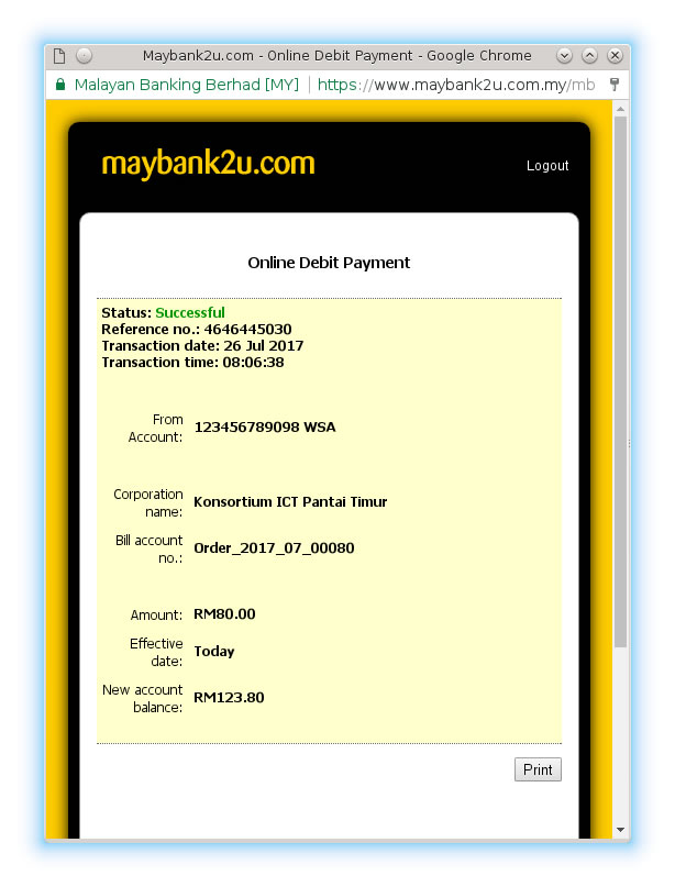 Step 5 : Please print a copy of the transaction receipt and you are done! You are also advised to check your email box for the transaction receipt from K-ICT.